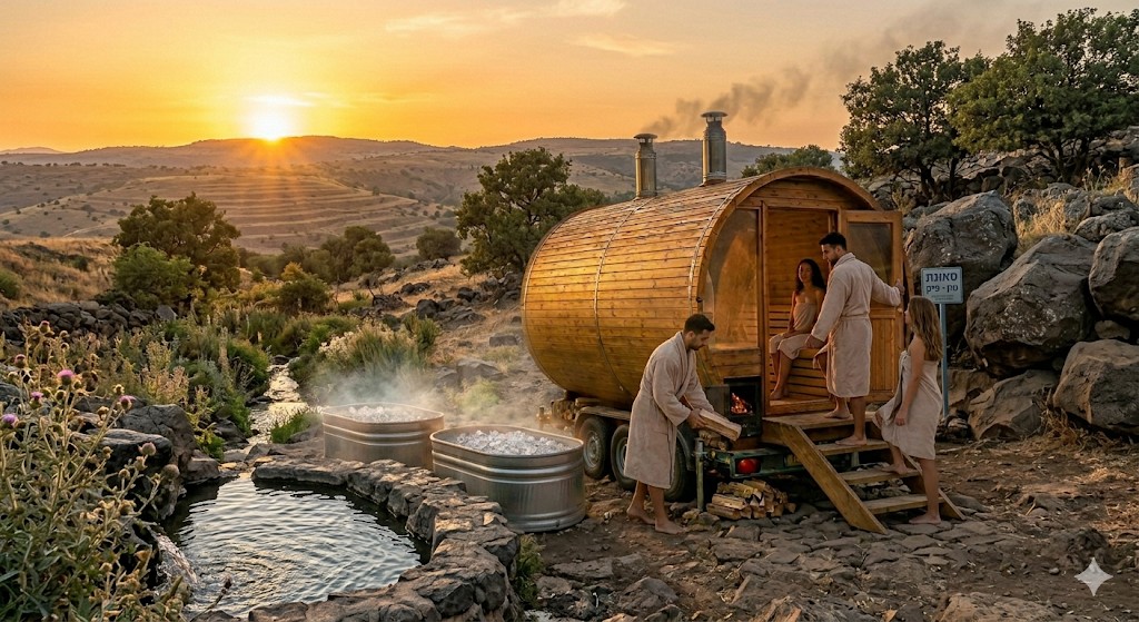 סאונה ניידת לזוגות — חוויה רומנטית פרטית בשקיעה בטבע ישראל